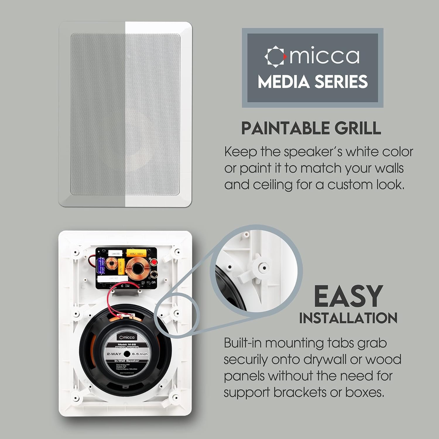 M-6S 2-Way In-Wall Speaker, 7.3"(W) by 10.7"(H) Cutout, Home Theater, Whole House Audio, Indoor or Covered Outdoor, 6.5" Woofer, 1" Tweeter, White, Paintable, Each